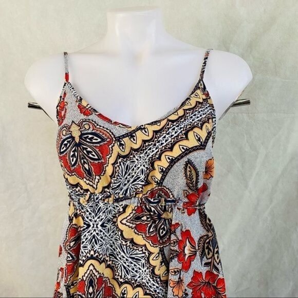 Almost Famous Grey Orange Yellow Spaghetti Strap Pixie BOHO Floral Print Dress M - Picture 3 of 12
